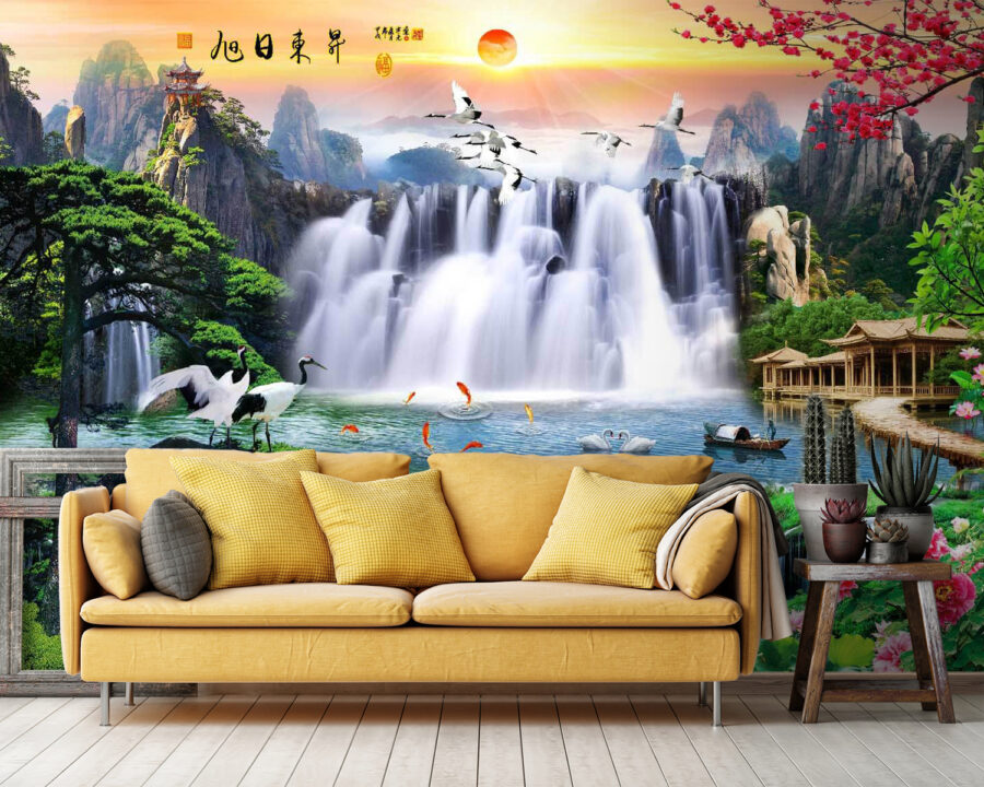 Cascata com pássaros e flores