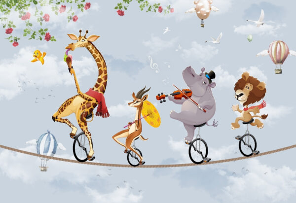 Grupo de animais a andar de monociclo Grupo de animais a andar de monociclo