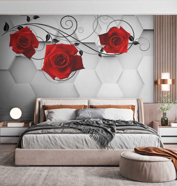 Papel de parede com rosas vermelhas e videiras pretas Papel de parede com rosas vermelhas e videiras pretas