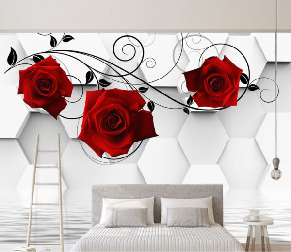 Papel de parede com rosas vermelhas e videiras pretas Papel de parede com rosas vermelhas e videiras pretas