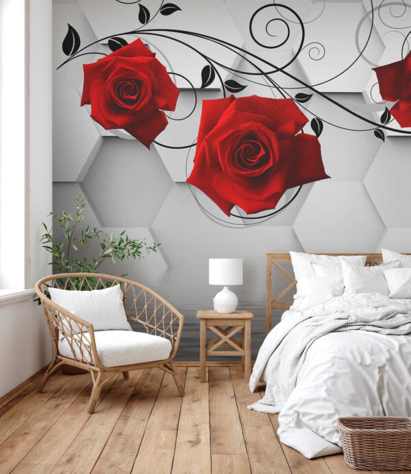 Papel de parede com rosas vermelhas e videiras pretas Papel de parede com rosas vermelhas e videiras pretas