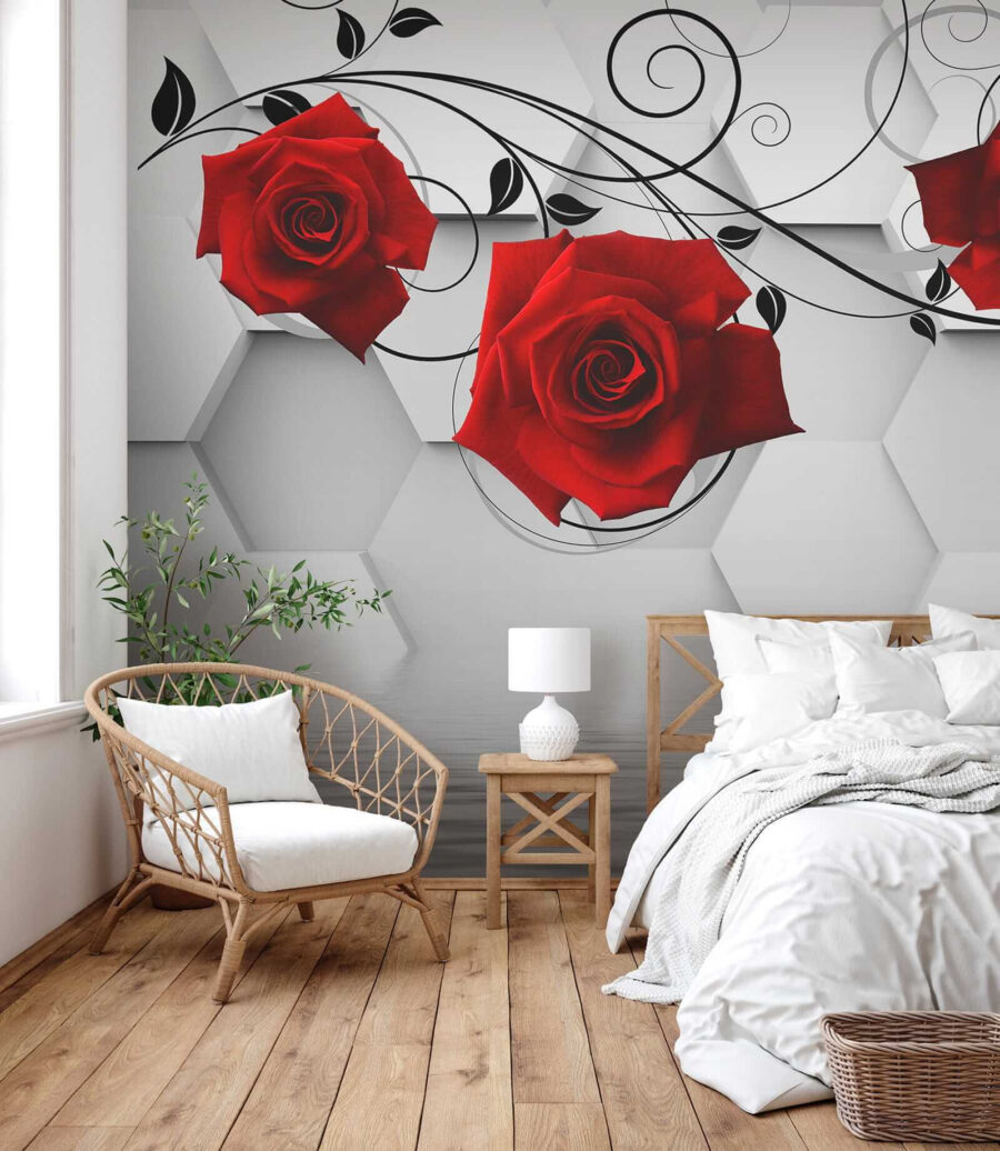 Papel de parede com rosas vermelhas e videiras pretas