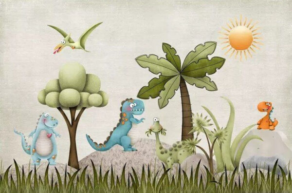 Dinossauro dos desenhos animados num campo Dinossauro dos desenhos animados num campo