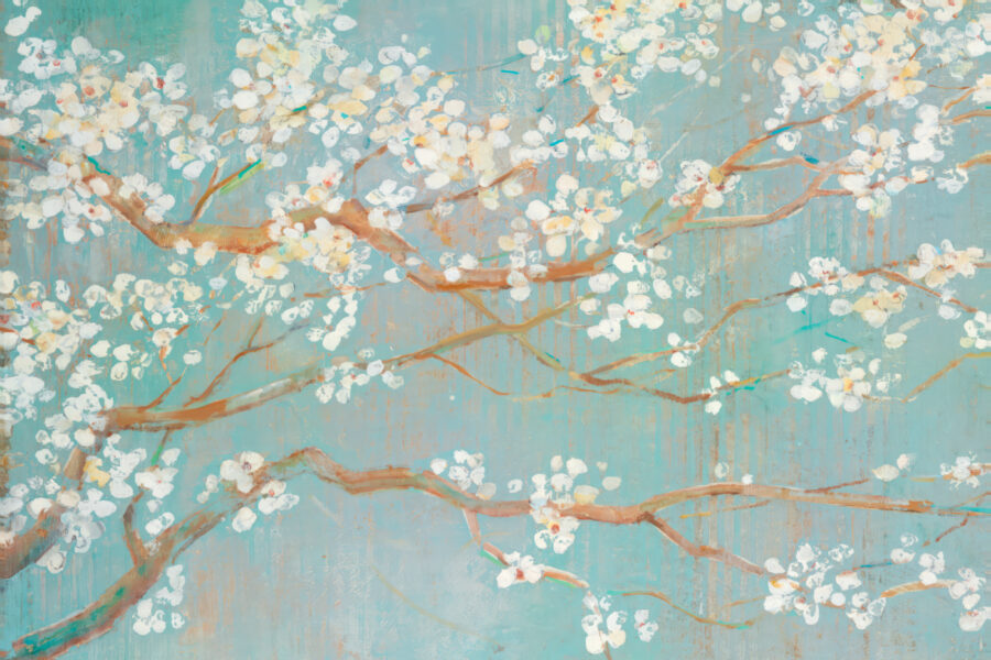 Pintura de um ramo de árvore com flores brancas
