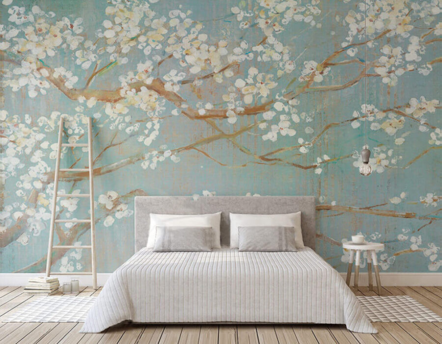 Pintura de um ramo de árvore com flores brancas