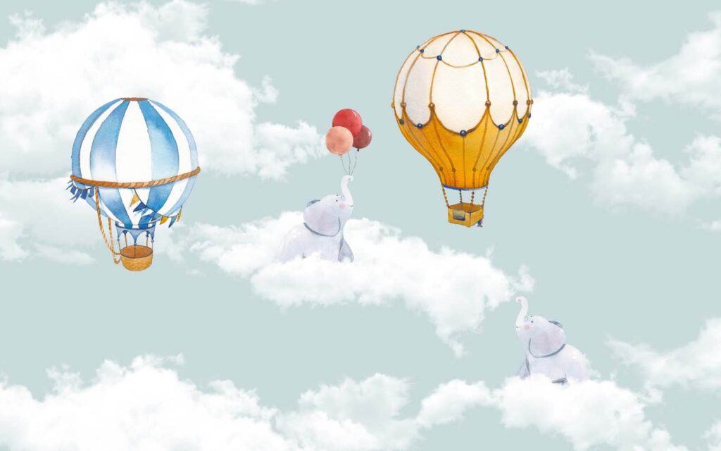 Grupo de elefantes a voar nas nuvens Grupo de elefantes a voar nas nuvens
