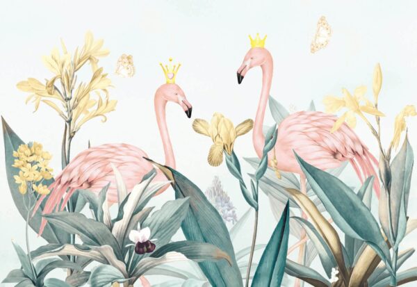 Grupo de flamingos com coroas e flores Grupo de flamingos com coroas e flores