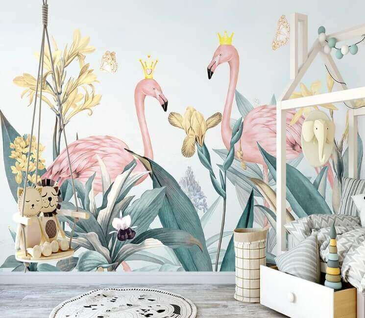 Grupo de flamingos com coroas e flores