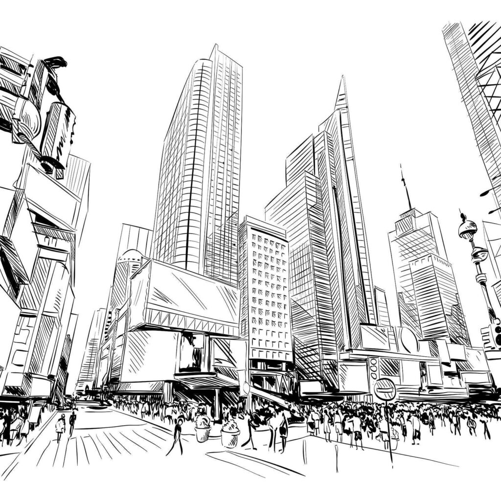 Desenho de uma cidade com edifícios altos Desenho de uma cidade com edifícios altos