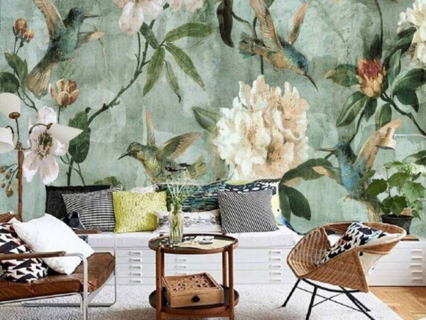 Papel de parede com pássaros e flores Papel de parede com pássaros e flores