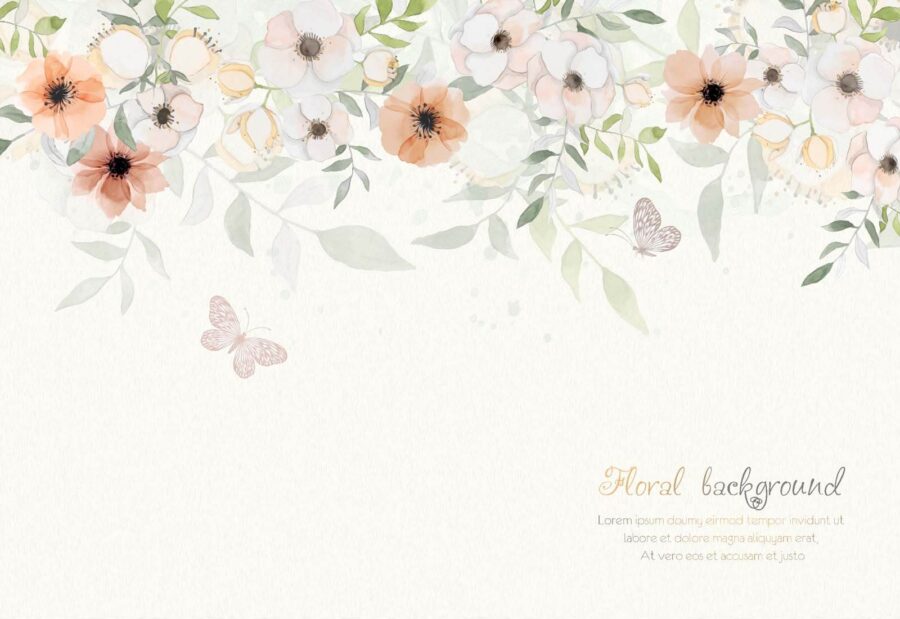 Fundo branco com flores e borboletas