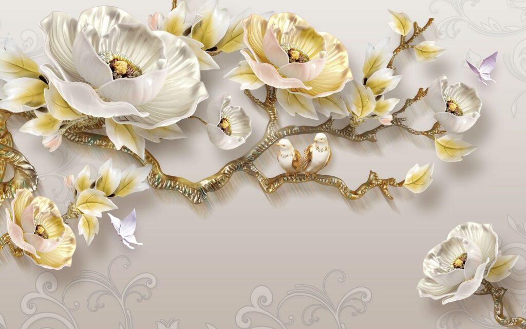 Papel de parede com flores e pássaros Papel de parede com flores e pássaros