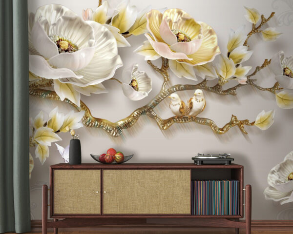 Papel de parede com flores e pássaros Papel de parede com flores e pássaros