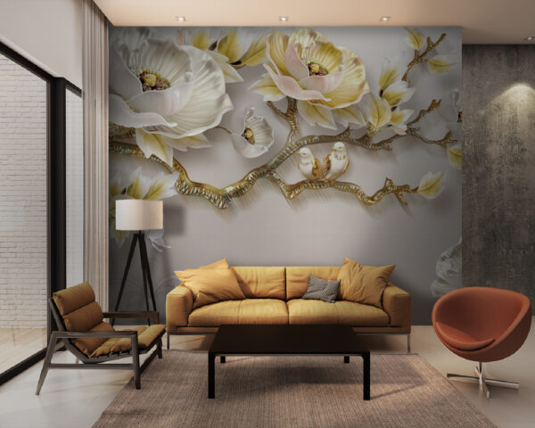Papel de parede com flores e pássaros Papel de parede com flores e pássaros