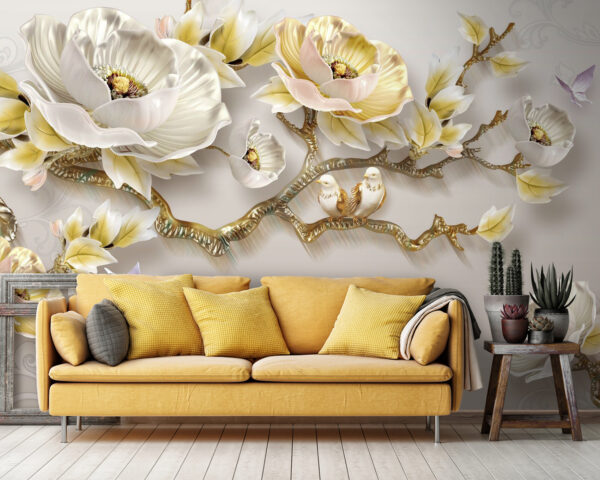Papel de parede com flores e pássaros Papel de parede com flores e pássaros