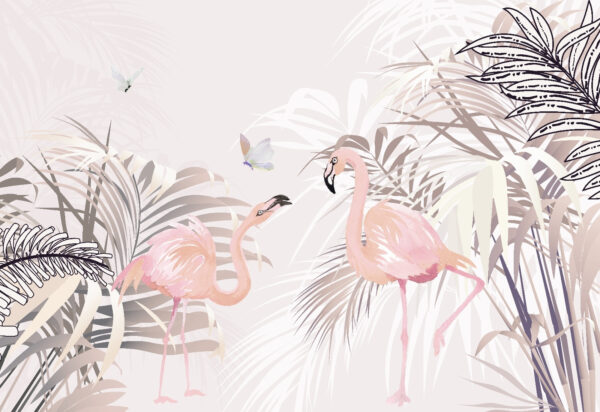 Pink flamingos and butterflies in a tropical garden