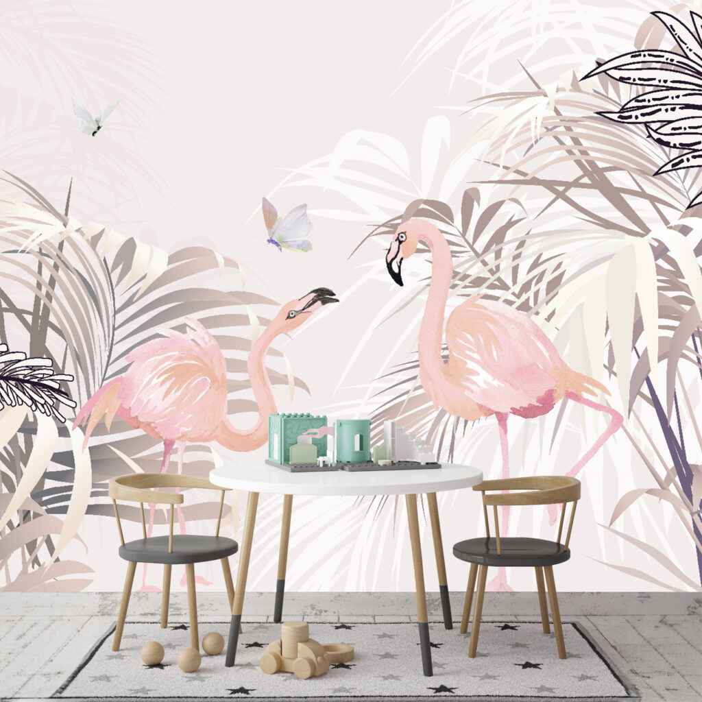 Pink flamingos and butterflies in a tropical garden