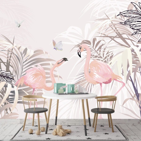 Papel de parede Flamingos cor-de-rosa e borboletas num jardim tropical (REF: u35228) Papel de parede Papel de parede Flamingos cor-de-rosa e borboletas num jardim tropical (REF: u35228)