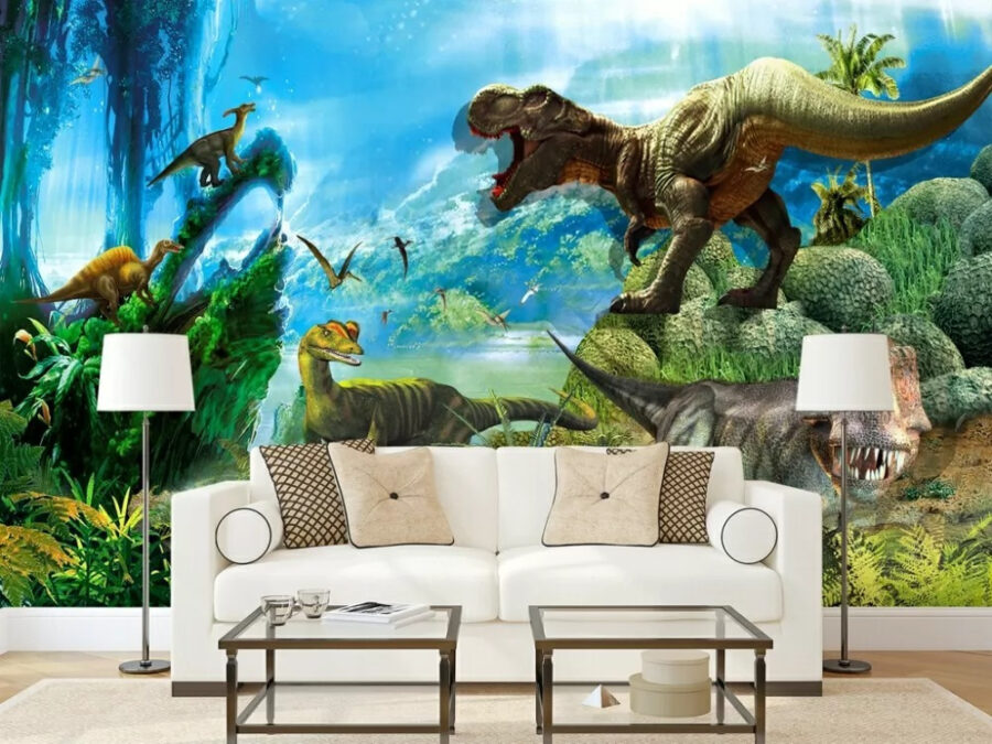 Papel de parede Grupo de dinossauros numa floresta