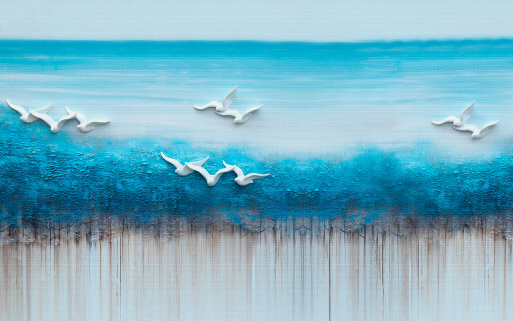 Pintura de pássaros a voar sobre um oceano azul Pintura de pássaros a voar sobre um oceano azul