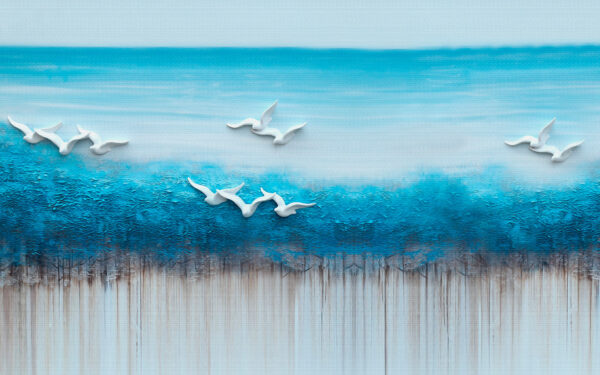 Pintura de pássaros a voar sobre um oceano azul Pintura de pássaros a voar sobre um oceano azul