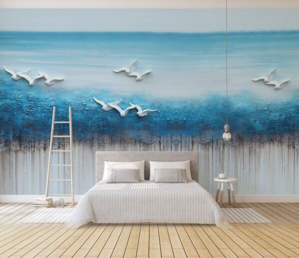 Pintura de pássaros a voar sobre um oceano azul Pintura de pássaros a voar sobre um oceano azul