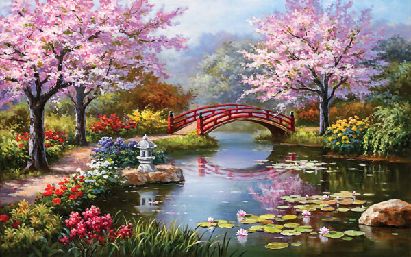 Pintura de um lago com uma ponte e flores u35418p 600x375 - Pintura de um lago com uma ponte e flores