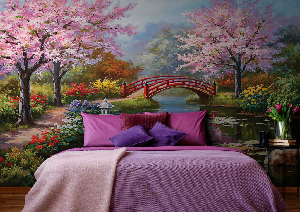 Pintura de um lago com uma ponte e flores u35418pib1 1024x724 - Pintura de um lago com uma ponte e flores