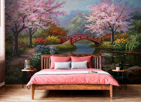 Pintura de um lago com uma ponte e flores u35418pib2 600x435 - Pintura de um lago com uma ponte e flores