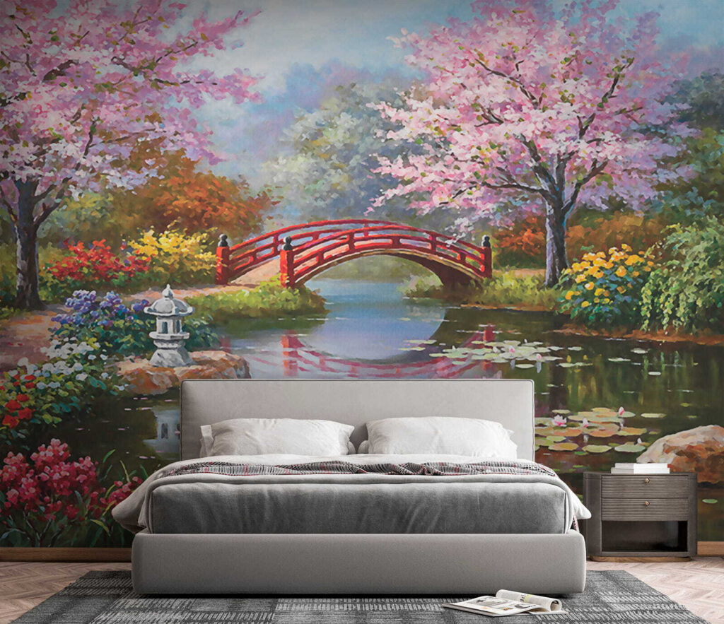 Pintura de um lago com uma ponte e flores u35418pib3 1024x883 - Pintura de um lago com uma ponte e flores