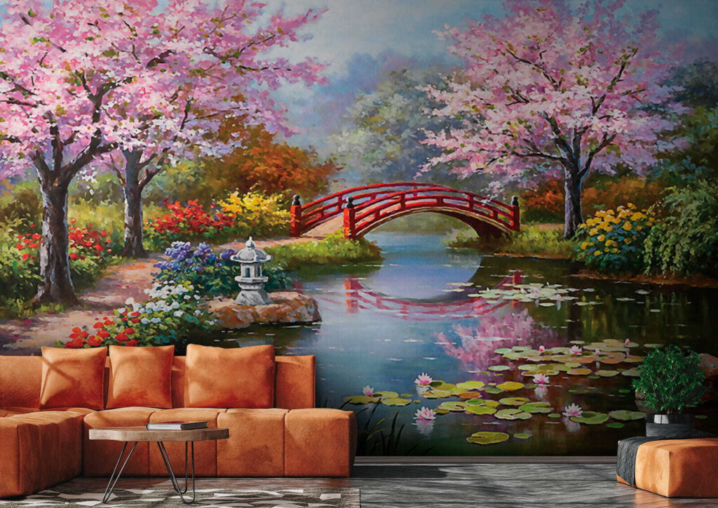 Pintura de um lago com uma ponte e flores u35418pig2 1024x724 - Pintura de um lago com uma ponte e flores
