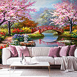 Papel de parede Pintura de um lago com uma ponte e flores
