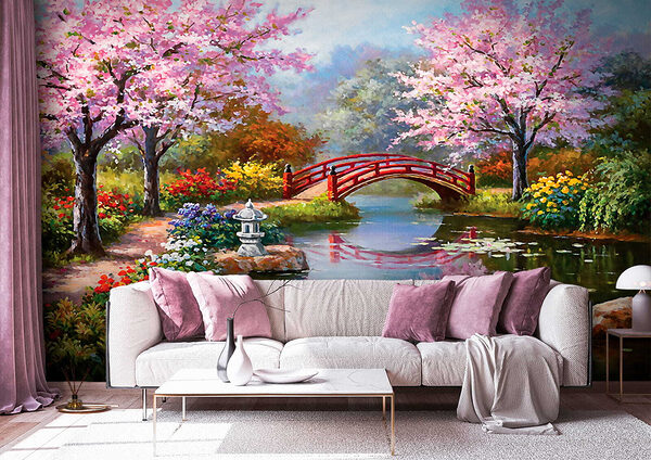 Pintura de um lago com uma ponte e flores u35418pig3m 600x424 - Pintura de um lago com uma ponte e flores