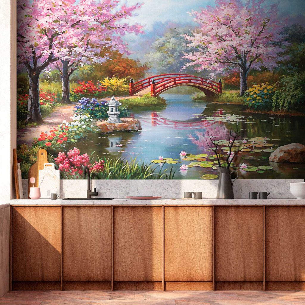 Pintura de um lago com uma ponte e flores u35418pik2 1024x1024 - Pintura de um lago com uma ponte e flores