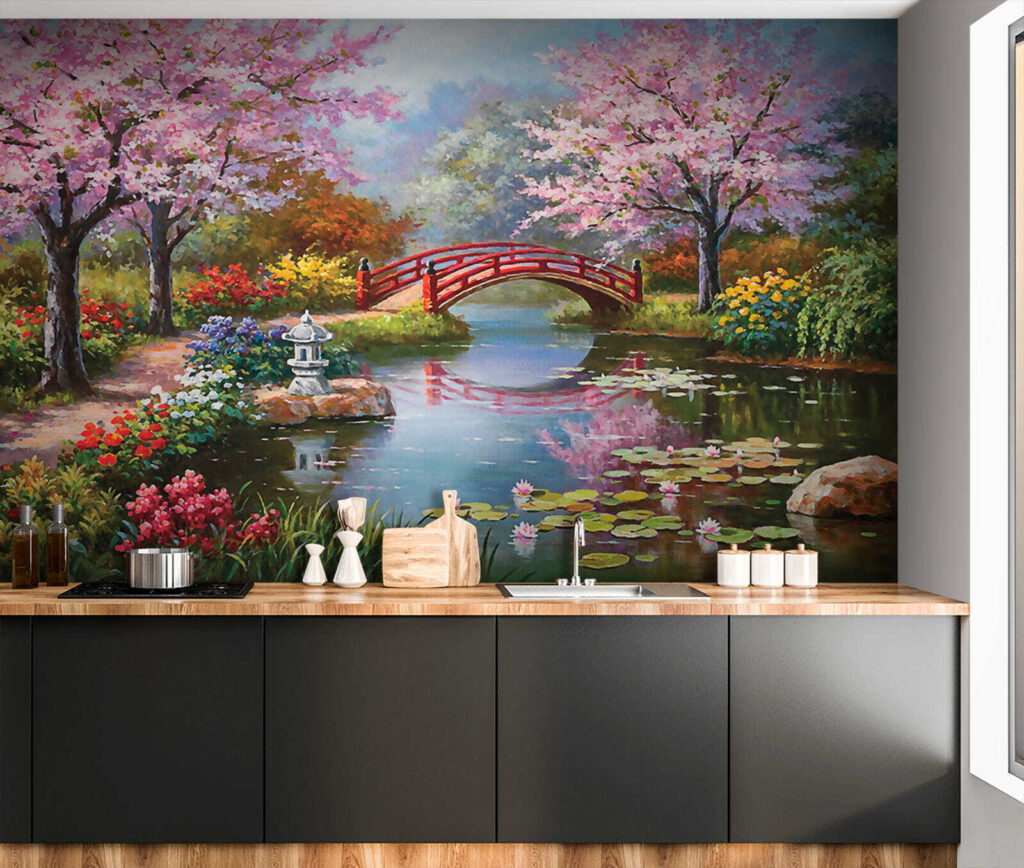 Pintura de um lago com uma ponte e flores u35418pik3 1024x868 - Pintura de um lago com uma ponte e flores