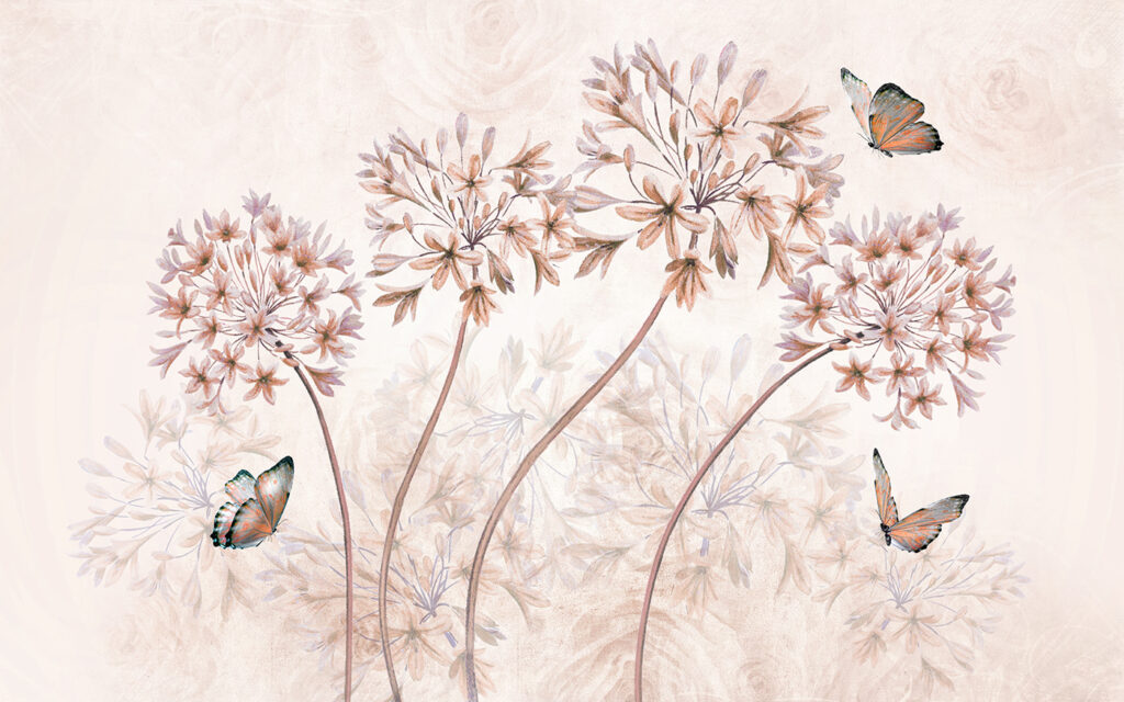 Uma pintura de flores e borboletas Uma pintura de flores e borboletas