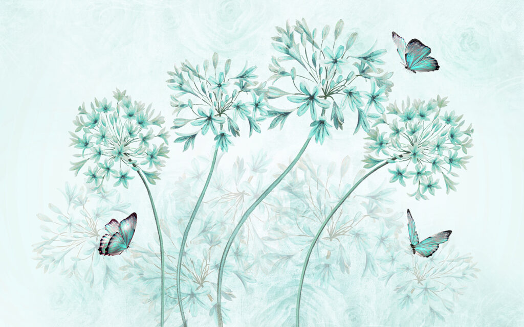 Uma pintura de flores e borboletas Uma pintura de flores e borboletas