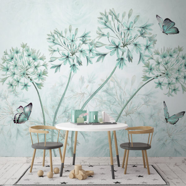Uma pintura de flores e borboletas Uma pintura de flores e borboletas