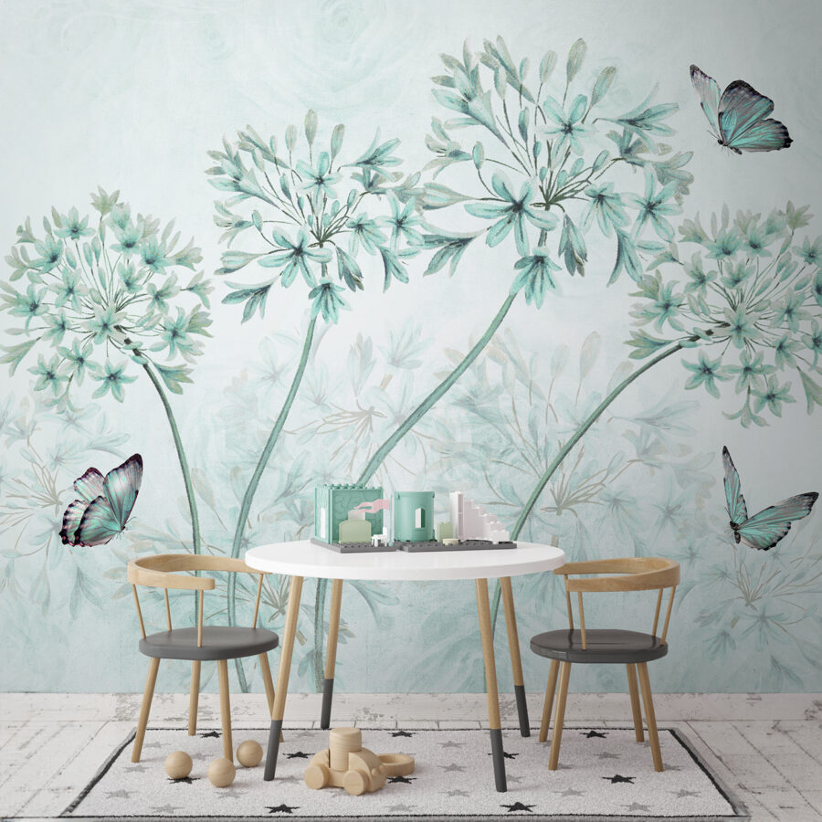 Uma pintura de flores e borboletas