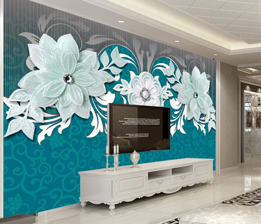 Desenho floral azul e branco