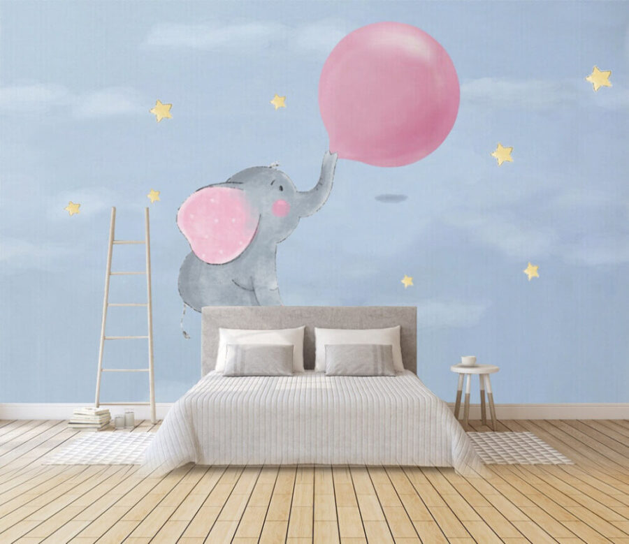 Desenho animado de um elefante a segurar um balão Desenho animado de um elefante a segurar um balão
