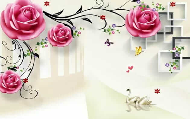 Papel de parede com rosas e pássaros