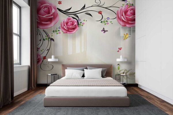 Papel de parede com rosas e pássaros Papel de parede com rosas e pássaros