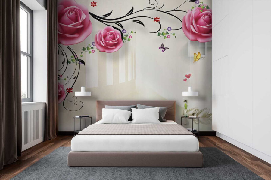 Papel de parede com rosas e pássaros