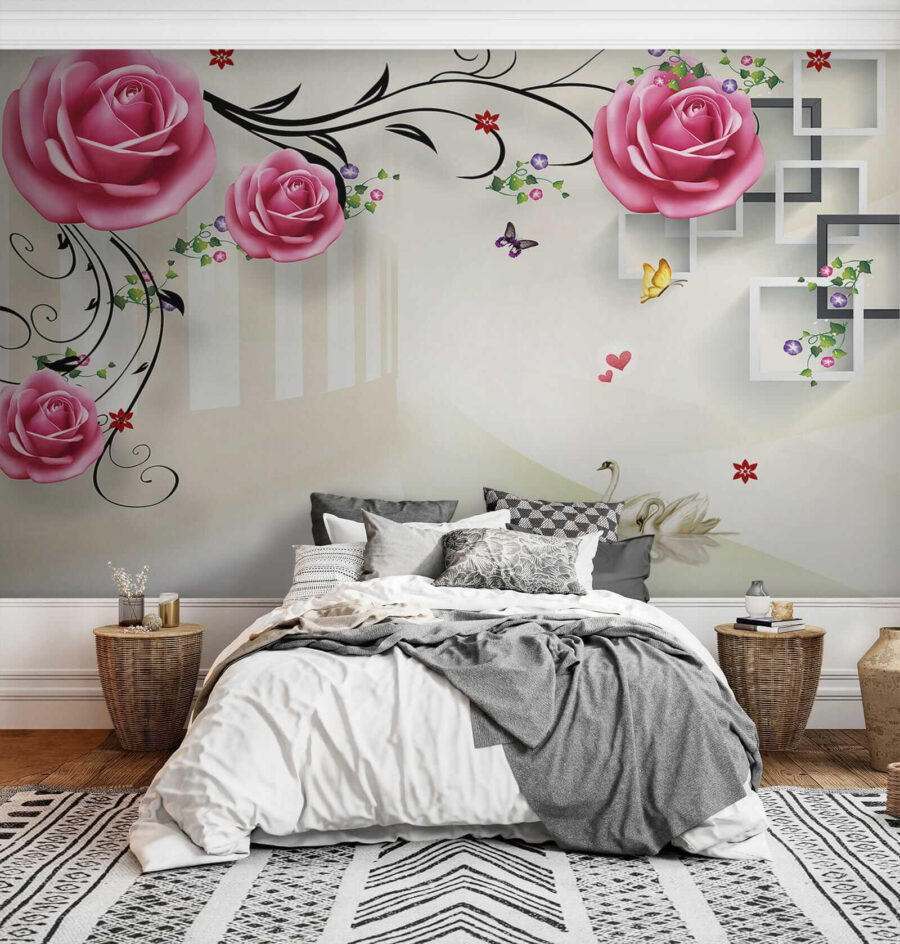 Papel de parede com rosas e pássaros