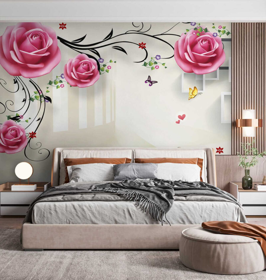 Papel de parede com rosas e pássaros