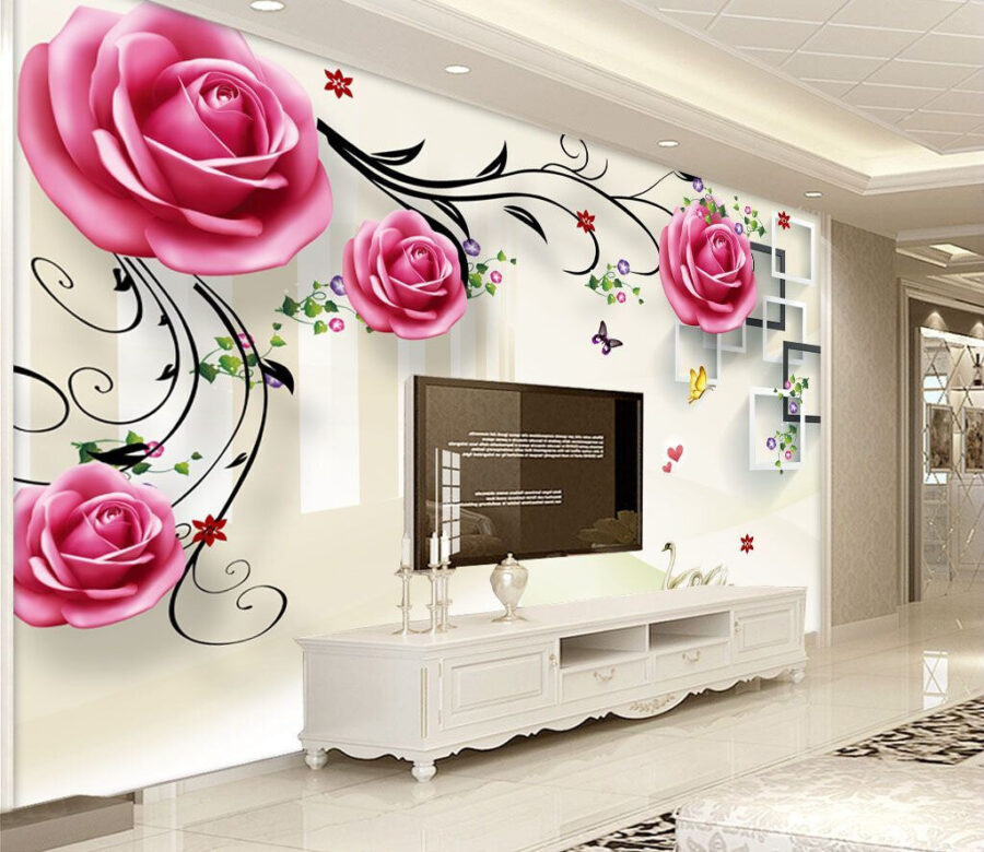 Papel de parede com rosas e pássaros