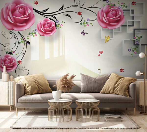 Papel de parede com rosas e pássaros Papel de parede com rosas e pássaros