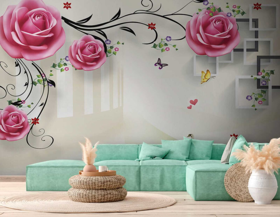 Papel de parede com rosas e pássaros