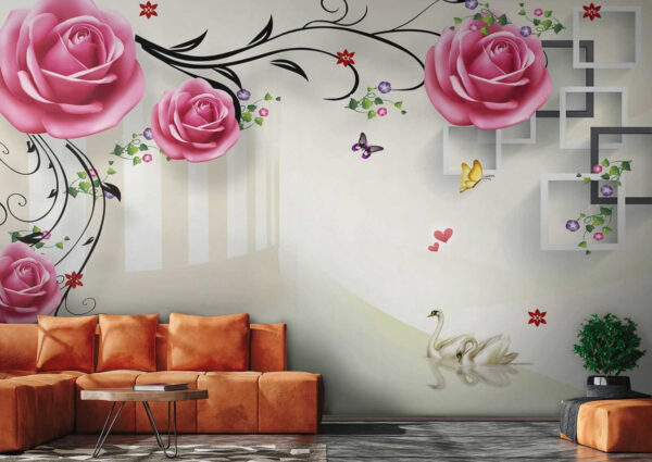 Papel de parede com rosas e pássaros Papel de parede com rosas e pássaros